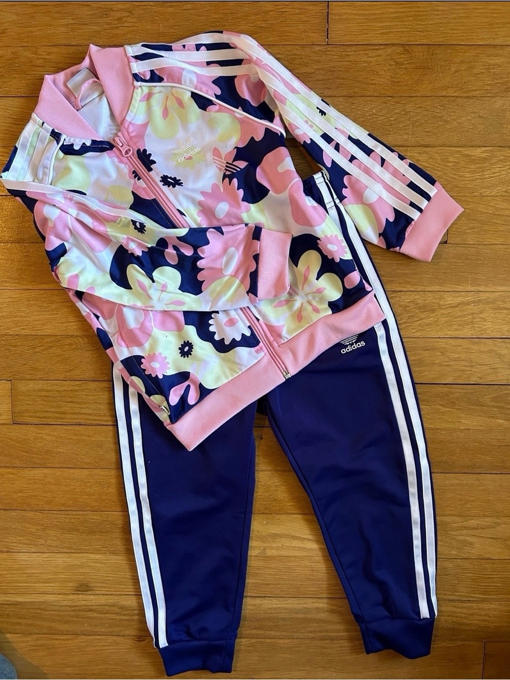 adidas Girls Pink Floral Jacket with Navy Joggers